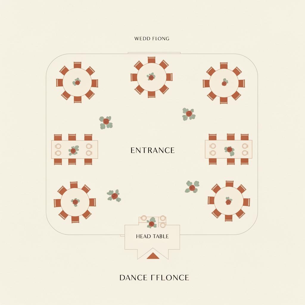 Top-down illustration of a wedding floor plan with round tables, head table and dance floor