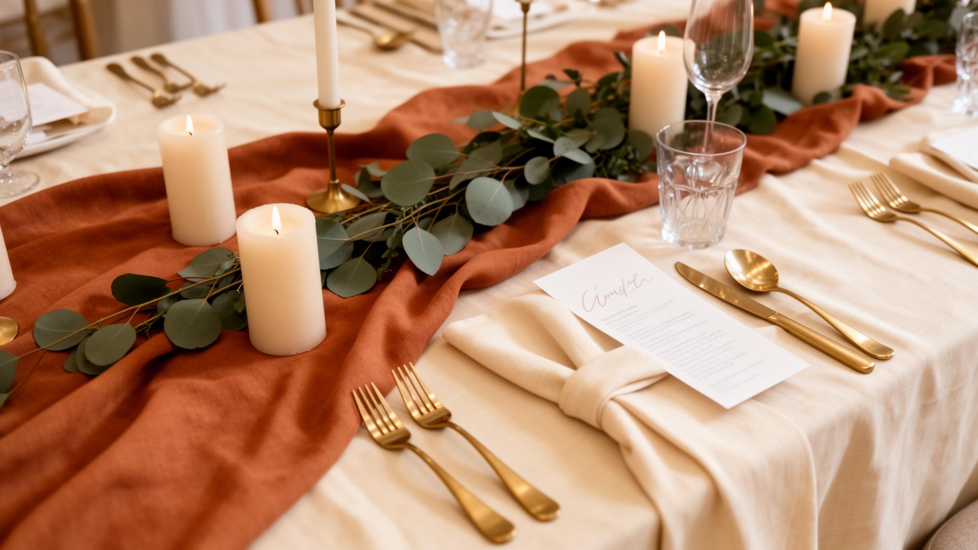 Elegant wedding table with terracotta linen, candles and eucalyptus