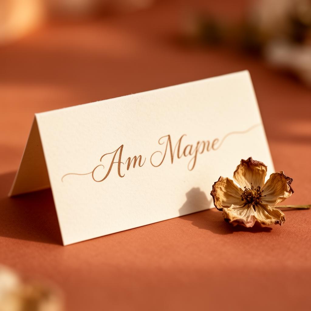 Calligraphy place card with a dried flower on a terracotta surface